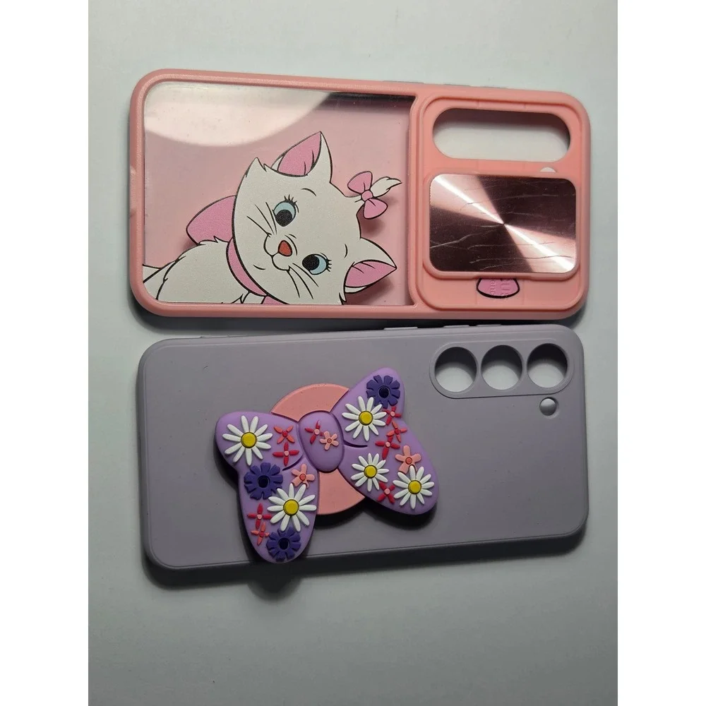 Samsung Galaxy Case Bundle Marie the Cat Pink Mirror Purple Floral Bow Grip